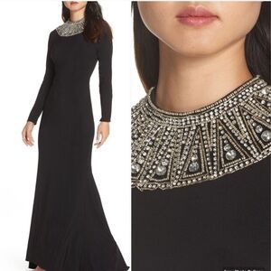IEENA FOR MAC DUGGAL BEADED COLLAR LONG SLEEVE JERSEY GOWN 25926